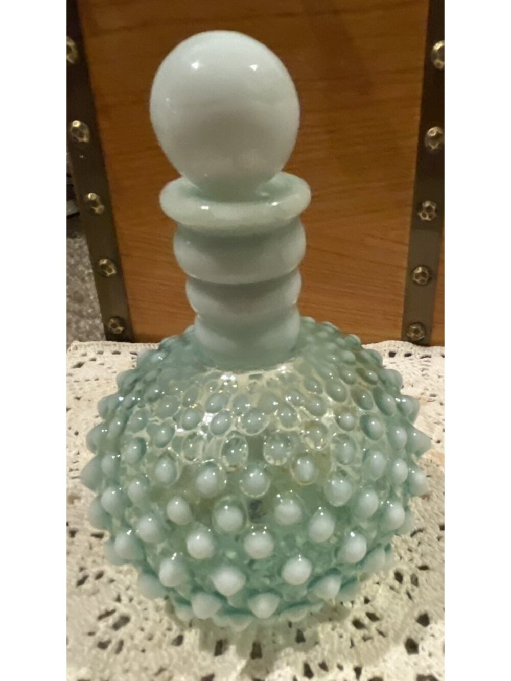 Fenton Wrisley's 5 3/4 In Aqua Blue-Green & White Opal Perfume Bottle